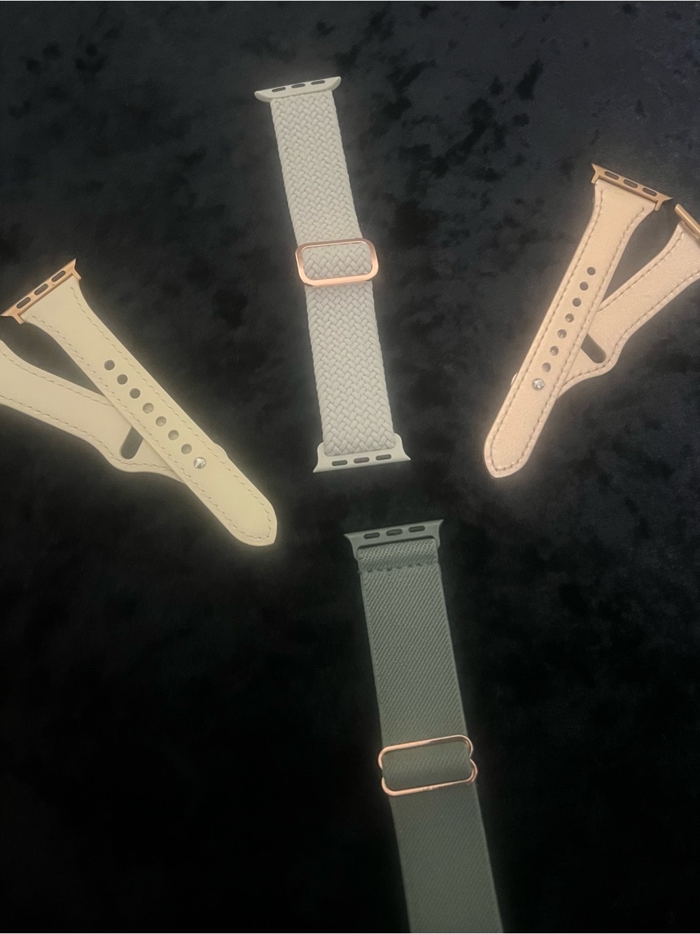 4 Smartwatch Bands . Olive, Tan, Gray, and Metallic Rose Gold